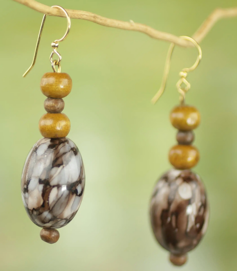 Recycled Plastic and Wood Dangle Earrings Brown from Ghana, "Elikem in Brown"