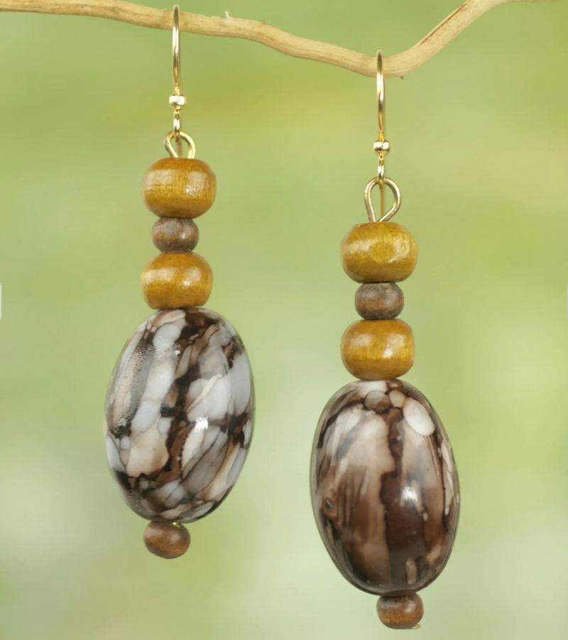 Recycled Plastic and Wood Dangle Earrings Brown from Ghana, "Elikem in Brown"