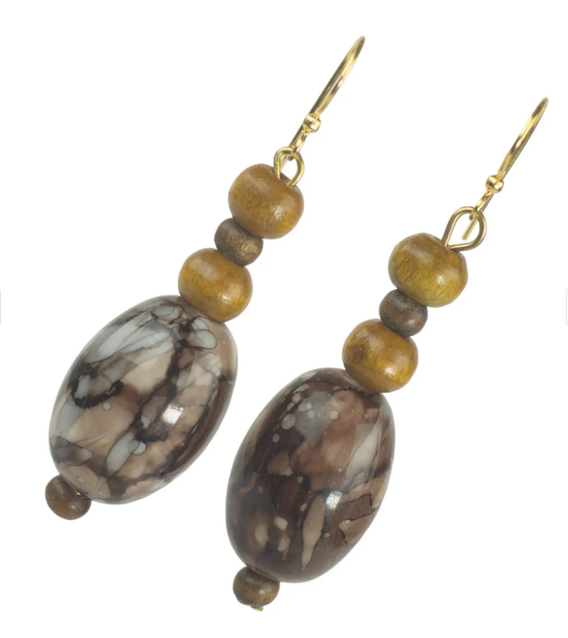 Recycled Plastic and Wood Dangle Earrings Brown from Ghana, "Elikem in Brown"