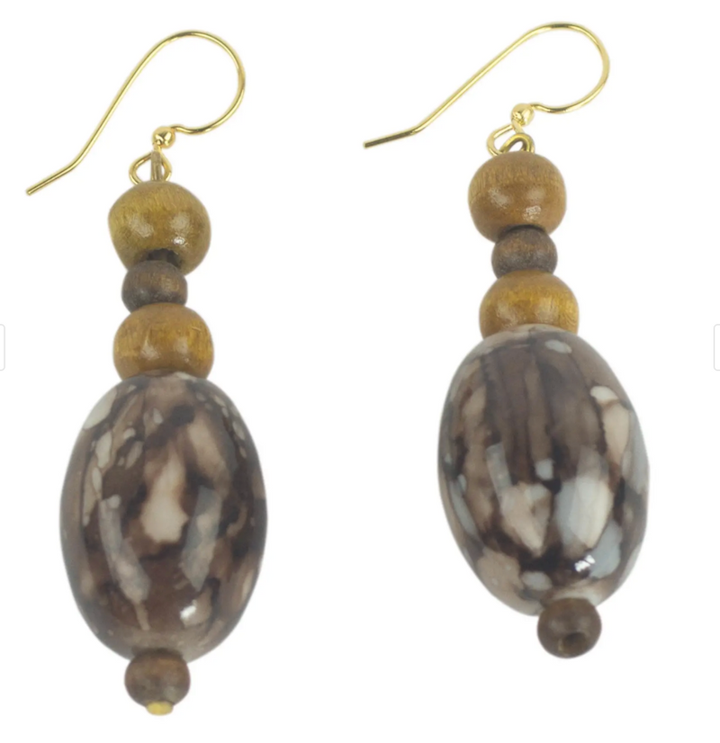 Recycled Plastic and Wood Dangle Earrings Brown from Ghana, "Elikem in Brown"