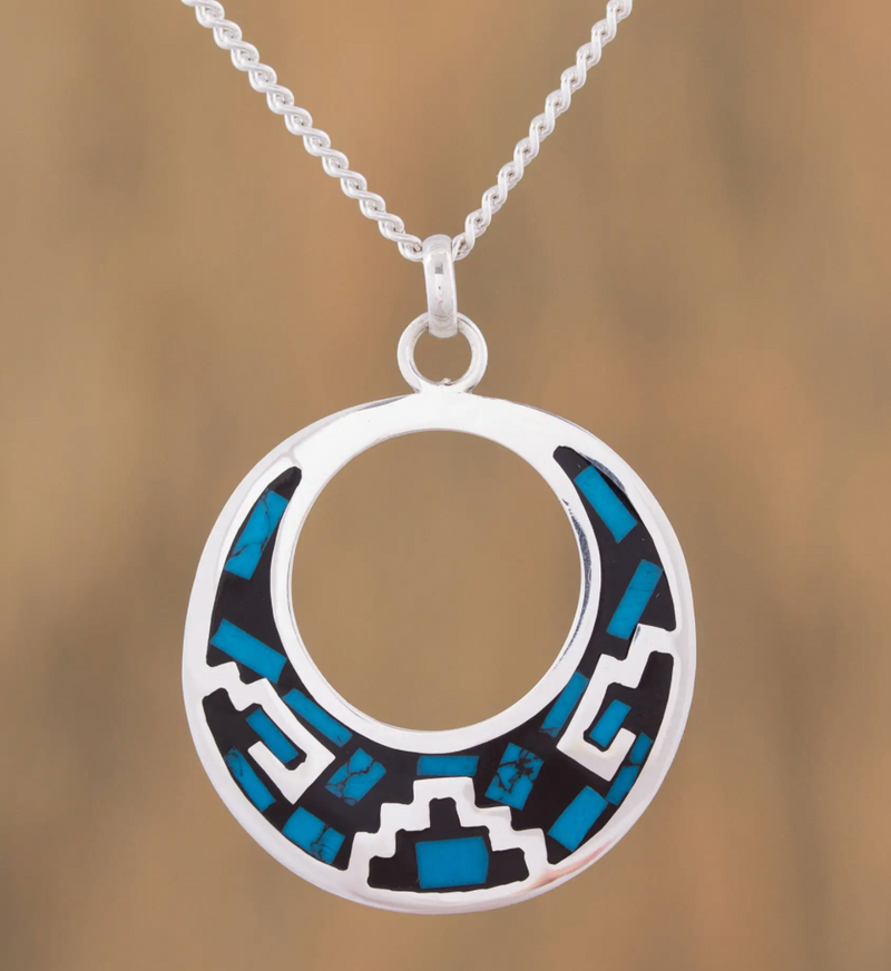 Geometric Turquoise Pendant Necklace from Mexico, "Window of History"