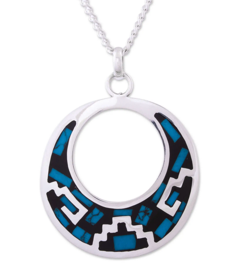 Geometric Turquoise Pendant Necklace from Mexico, "Window of History"