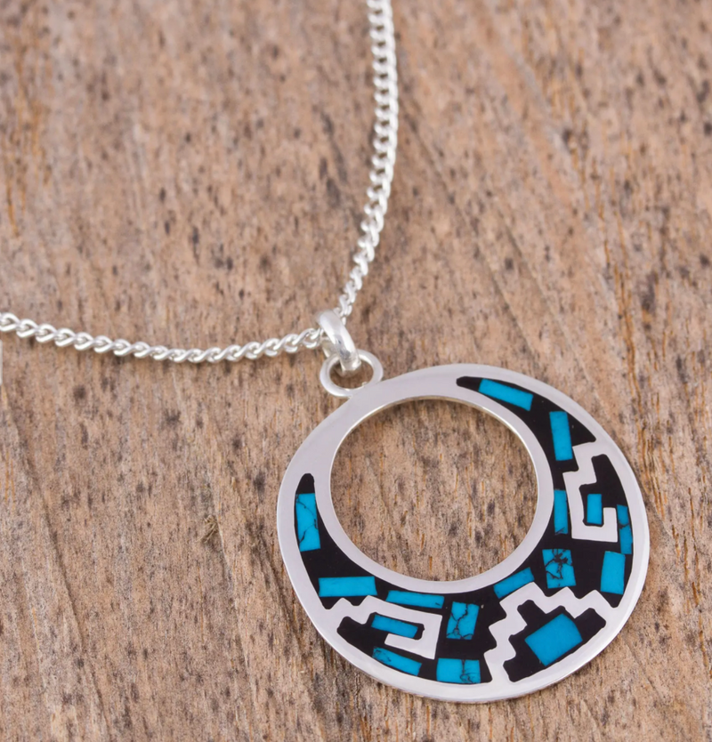 Geometric Turquoise Pendant Necklace from Mexico, "Window of History"