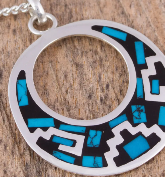 Geometric Turquoise Pendant Necklace from Mexico, "Window of History"