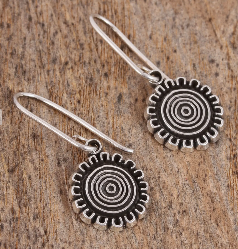 Handcrafted Sterling Silver Dangle Earrings from Mexico, "Sun over Mexico"