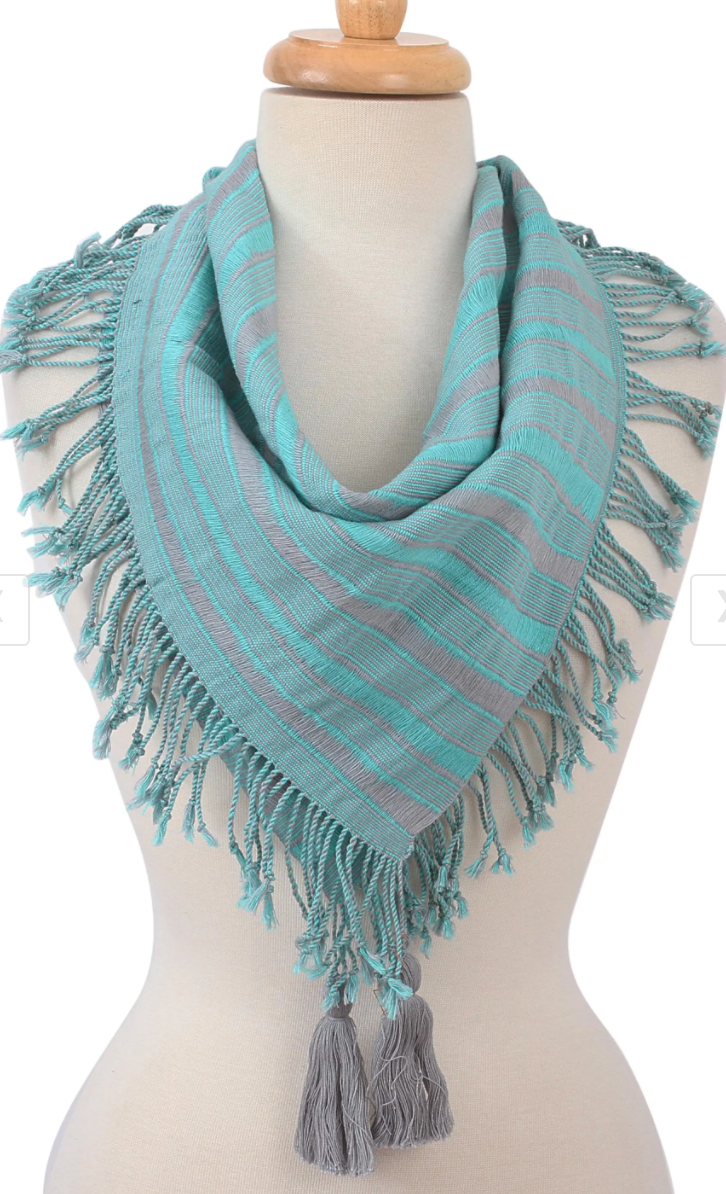 Striped Cotton Scarf in Ash and Turquoise from Mexico, "Lovely Treasure"