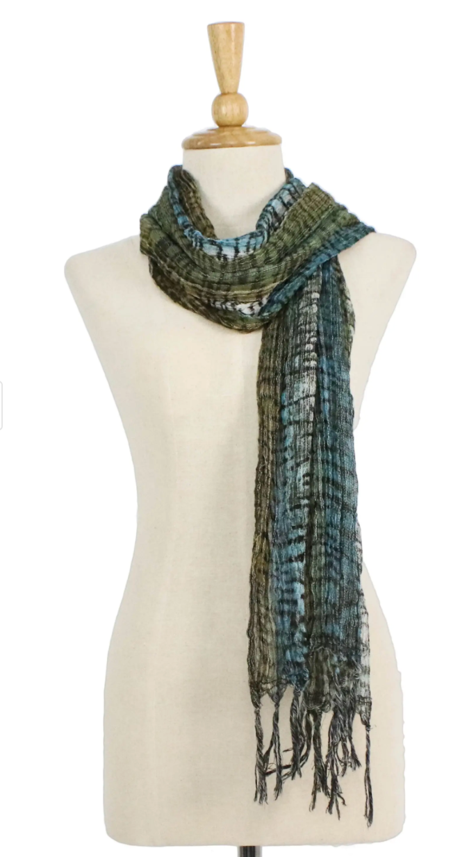 All Cotton Scarf with Green and Blue Tie Dyed Motifs, "Cool Jungle"