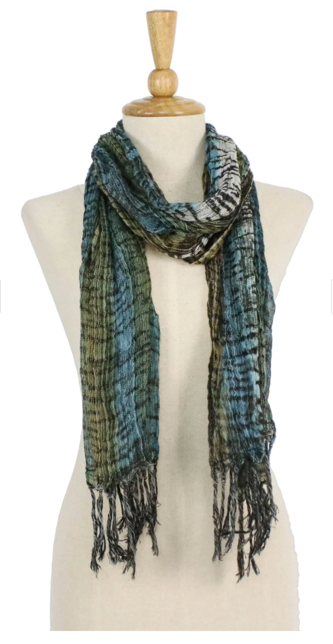 All Cotton Scarf with Green and Blue Tie Dyed Motifs, "Cool Jungle"