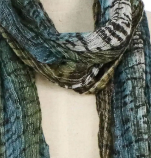 All Cotton Scarf with Green and Blue Tie Dyed Motifs, "Cool Jungle"