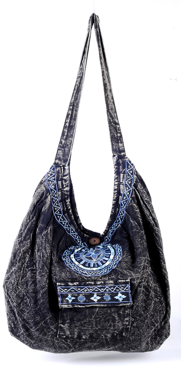 Black Stonewash Oversized Bag with Embroidered Pattern