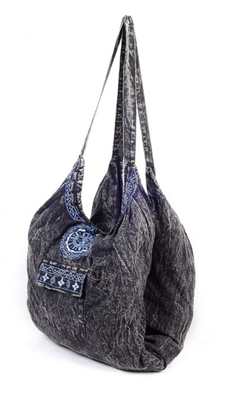 Black Stonewash Oversized Bag with Embroidered Pattern