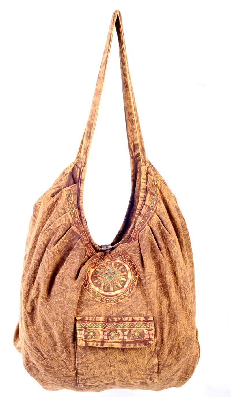 Light Brown Stonewash Oversized Bag with Embroidered Pattern