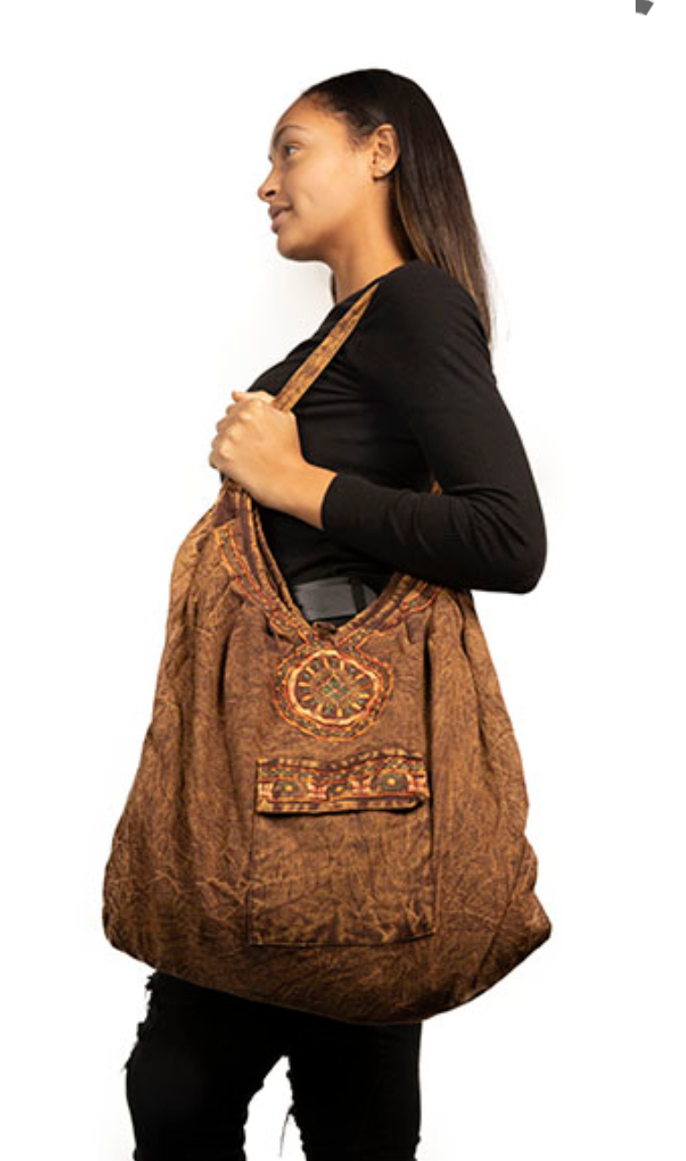 Light Brown Stonewash Oversized Bag with Embroidered Pattern