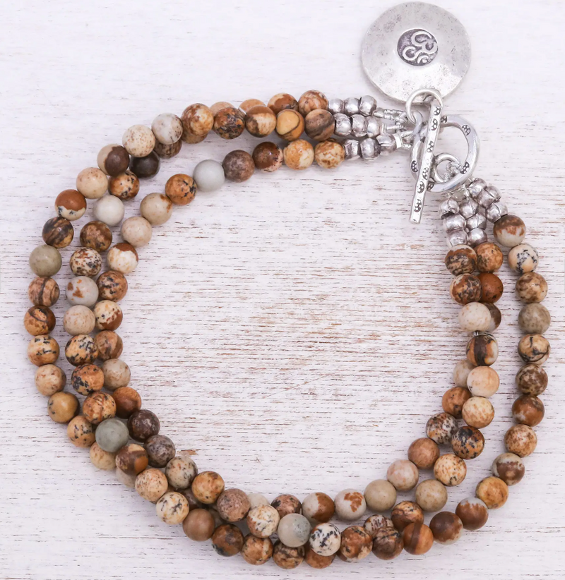 Beaded Brown Jasper and 950 Silver Bracelet, "Infinite Earth"