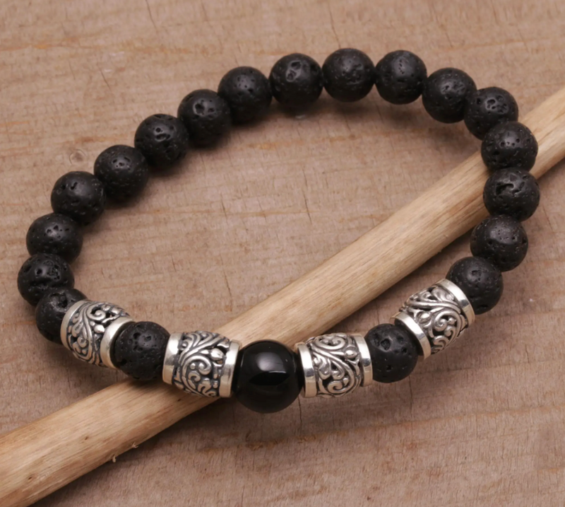 Onyx Lava Stone and 925 Silver Beaded Bracelet from Bali, "Batur Heritage"