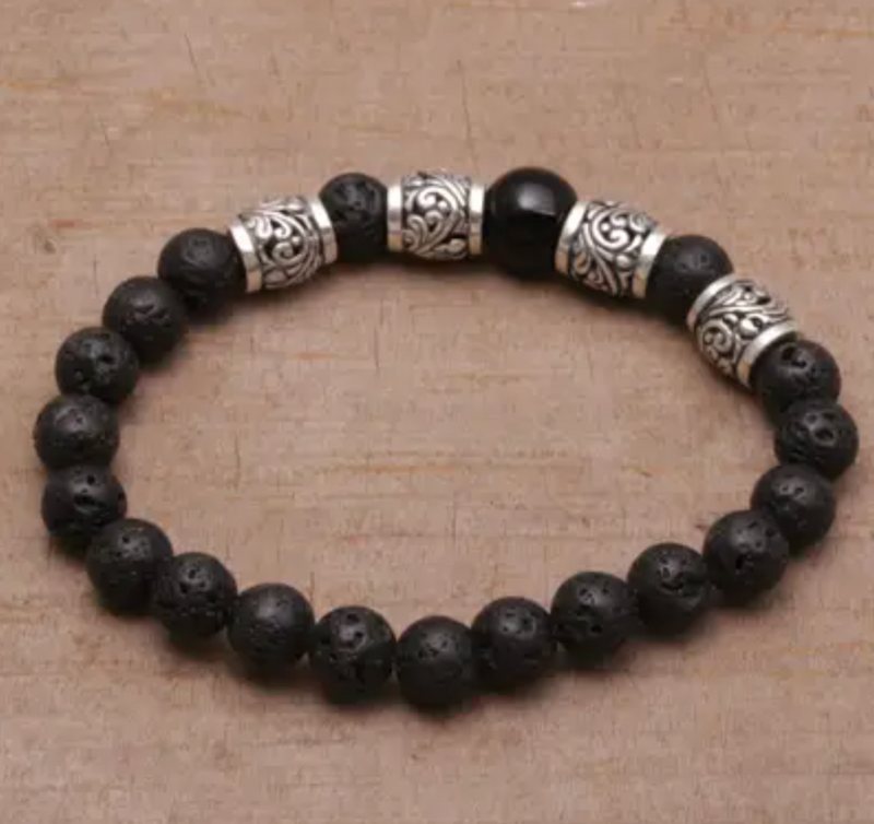 Onyx Lava Stone and 925 Silver Beaded Bracelet from Bali, "Batur Heritage"