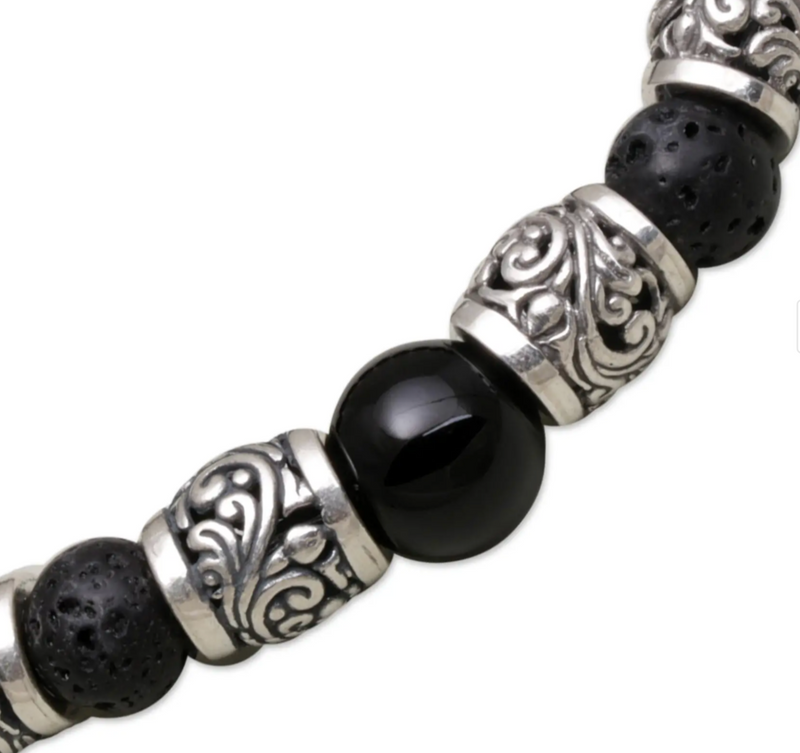 Onyx Lava Stone and 925 Silver Beaded Bracelet from Bali, "Batur Heritage"