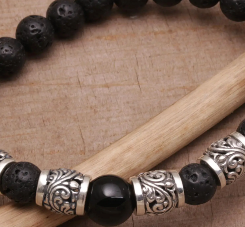 Onyx Lava Stone and 925 Silver Beaded Bracelet from Bali, "Batur Heritage"