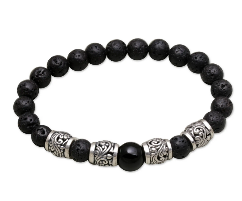 Onyx Lava Stone and 925 Silver Beaded Bracelet from Bali, "Batur Heritage"