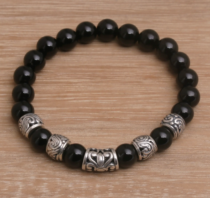 Onyx Beaded Stretch Bracelet with Sterling Silver Beads, "Contemplate in Black"