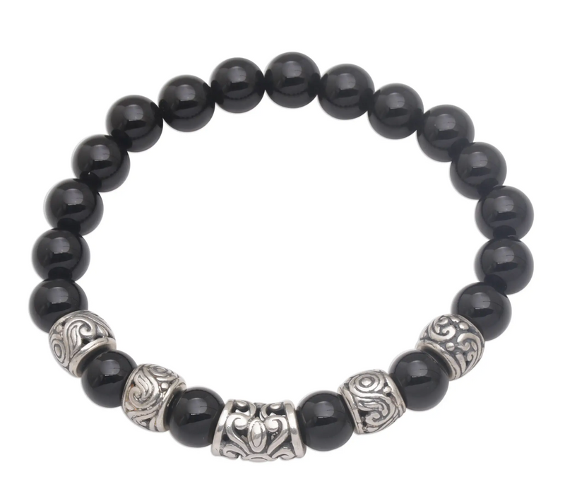 Onyx Beaded Stretch Bracelet with Sterling Silver Beads, "Contemplate in Black"