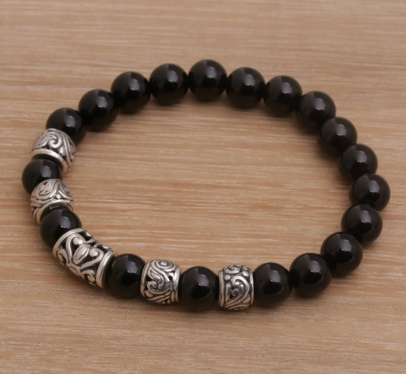 Onyx Beaded Stretch Bracelet with Sterling Silver Beads, "Contemplate in Black"