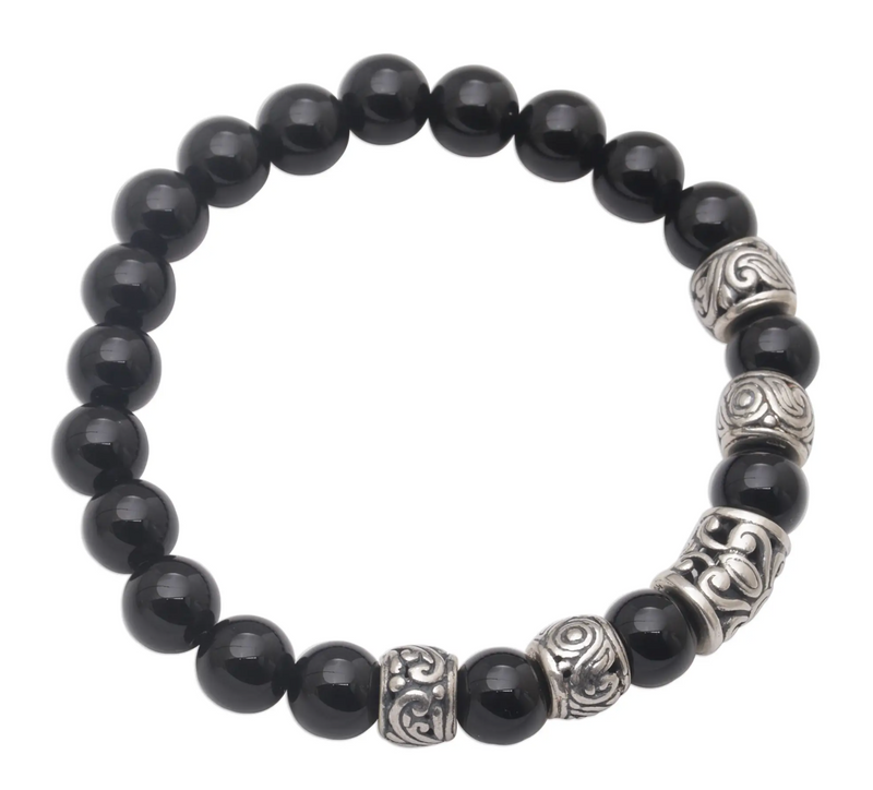 Onyx Beaded Stretch Bracelet with Sterling Silver Beads, "Contemplate in Black"