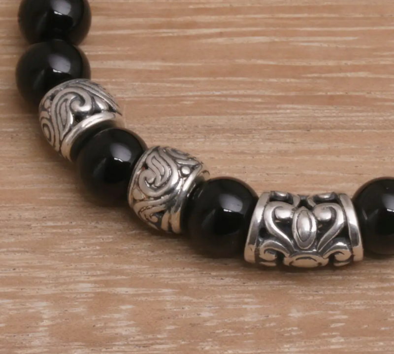 Onyx Beaded Stretch Bracelet with Sterling Silver Beads, "Contemplate in Black"