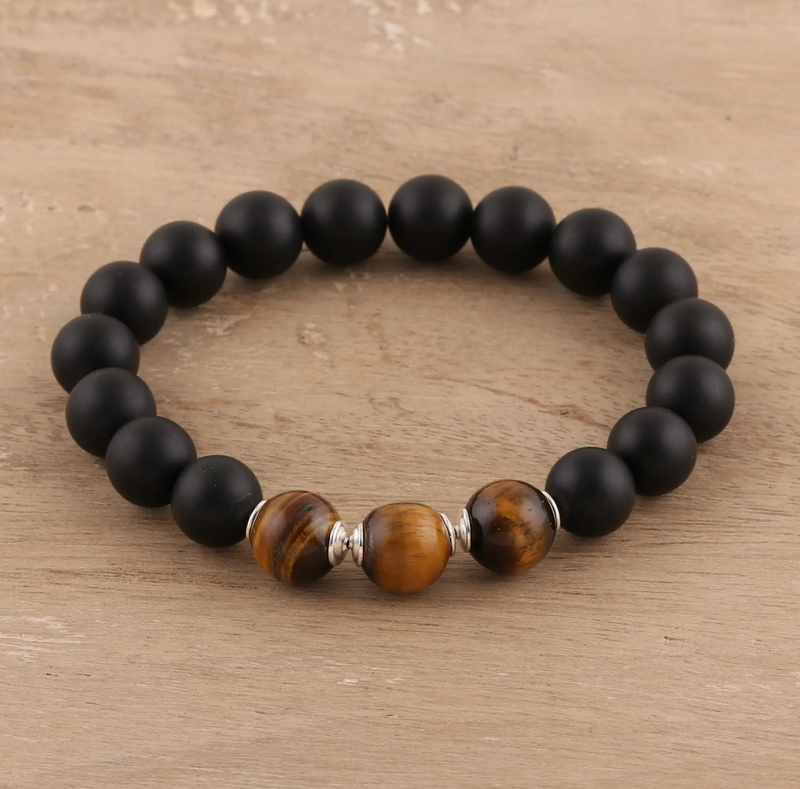 Onyx and Tiger's Eye Beaded Stretch Bracelet from India, "Midnight Adventure"