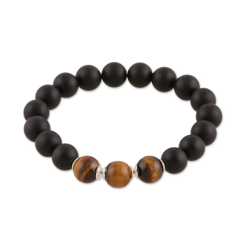 Onyx and Tiger's Eye Beaded Stretch Bracelet from India, "Midnight Adventure"