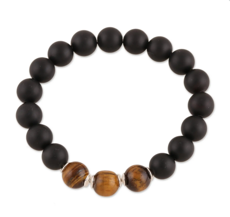 Onyx and Tiger's Eye Beaded Stretch Bracelet from India, "Midnight Adventure"