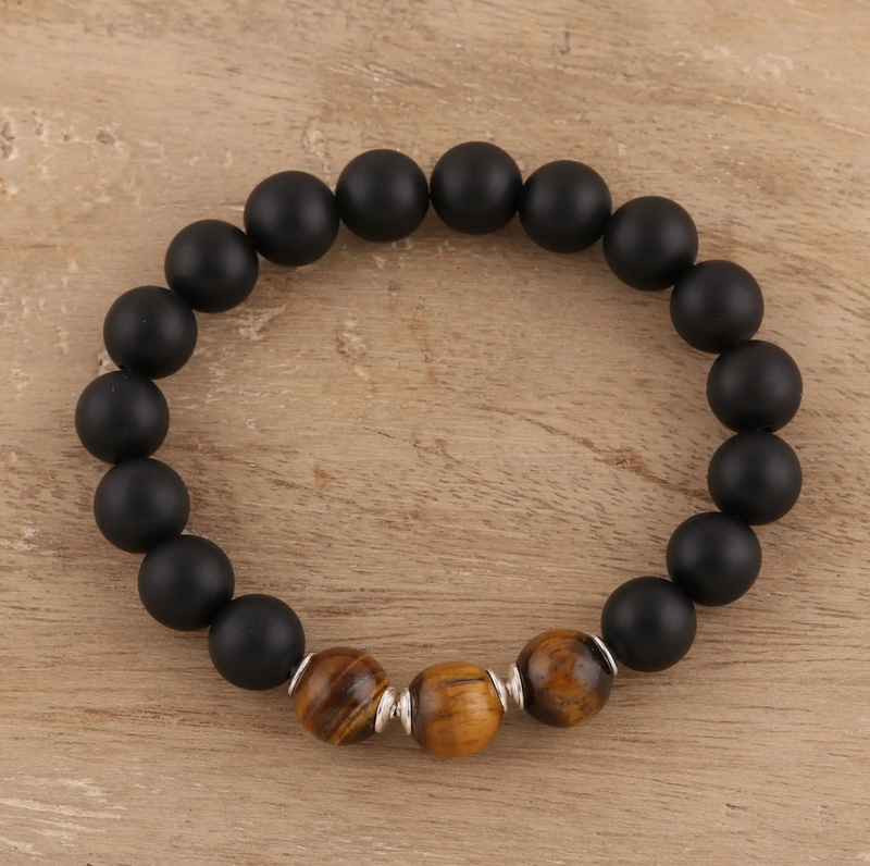 Onyx and Tiger's Eye Beaded Stretch Bracelet from India, "Midnight Adventure"