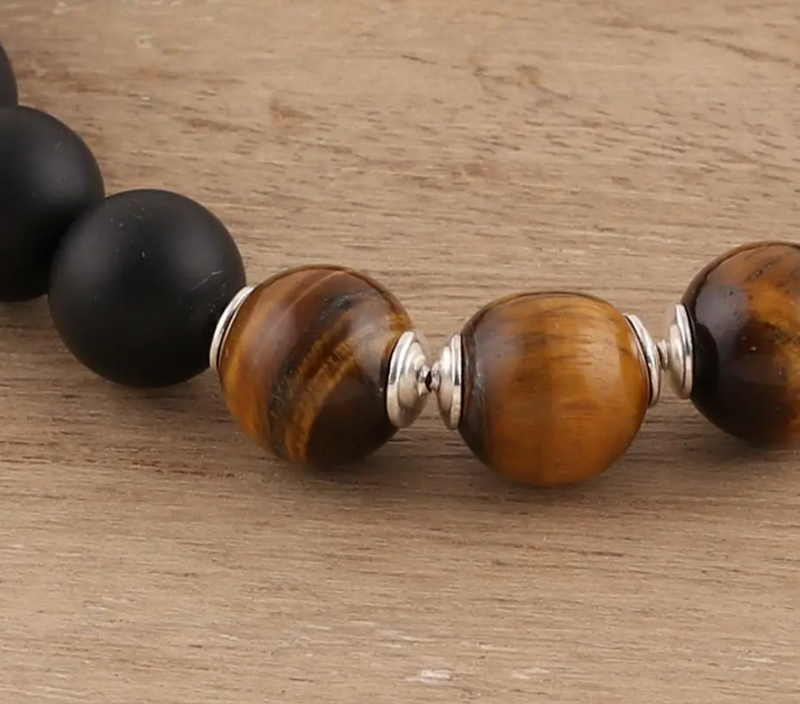 Onyx and Tiger's Eye Beaded Stretch Bracelet from India, "Midnight Adventure"