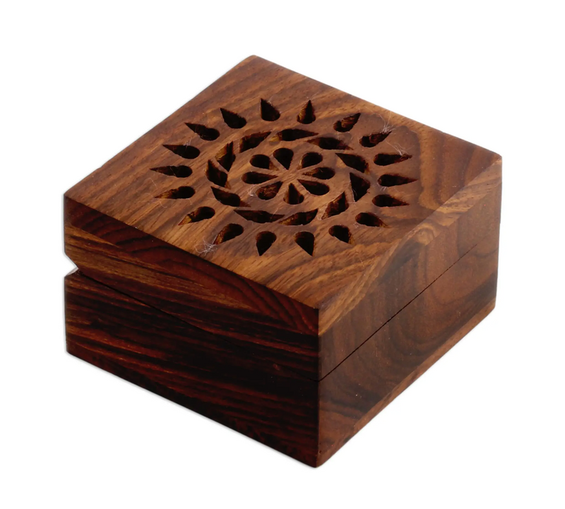 Hand Carved Decorative Mango Wood Box from India, "Glorious Flower"