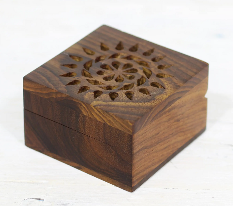 Hand Carved Decorative Mango Wood Box from India, "Glorious Flower"