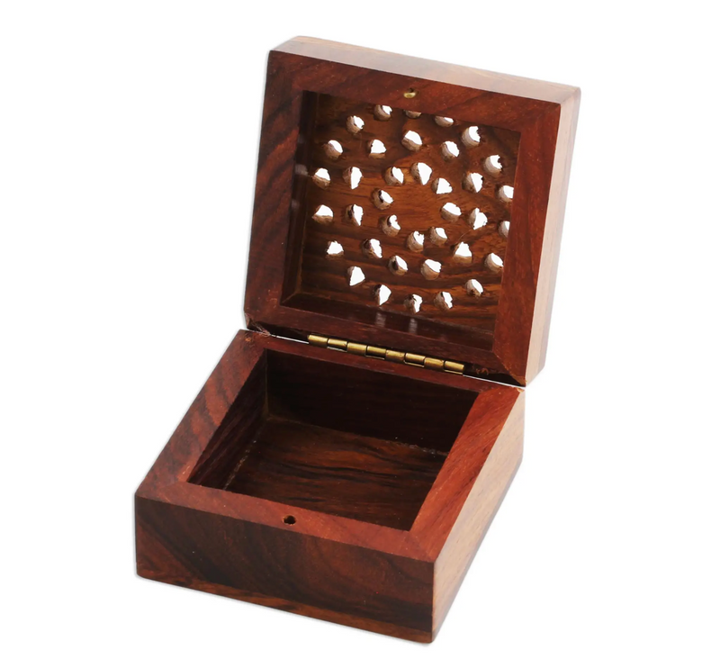 Hand Carved Decorative Mango Wood Box from India, "Glorious Flower"