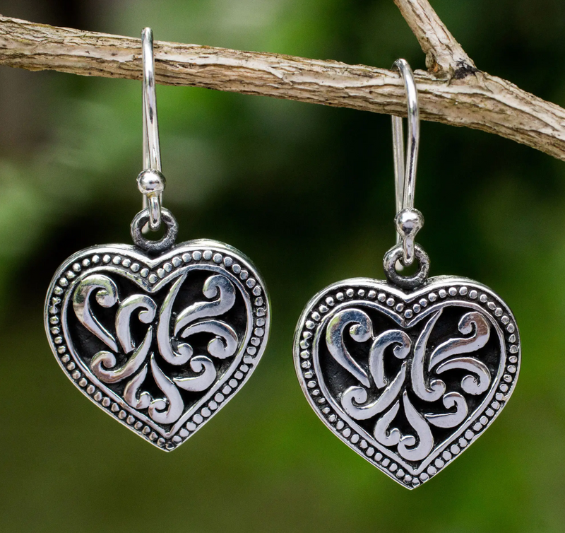 Handmade Romantic Sterling Silver Dangle Earrings, "Lighthearted Love"