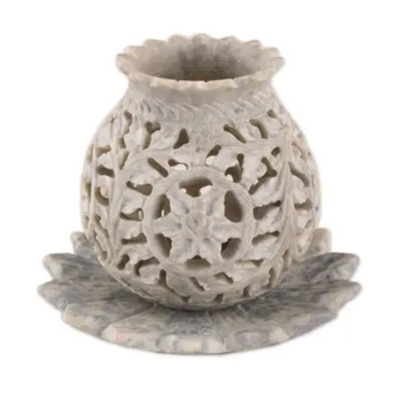 Floral Soapstone Tealight Holder from India, "Light Bouquet"