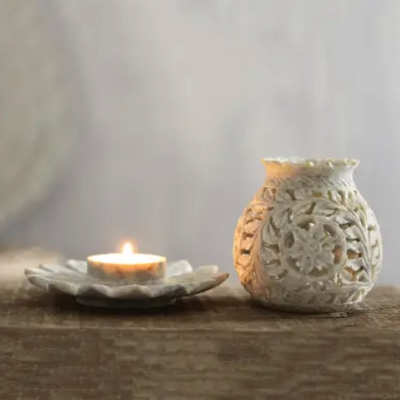 Floral Soapstone Tealight Holder from India, "Light Bouquet"