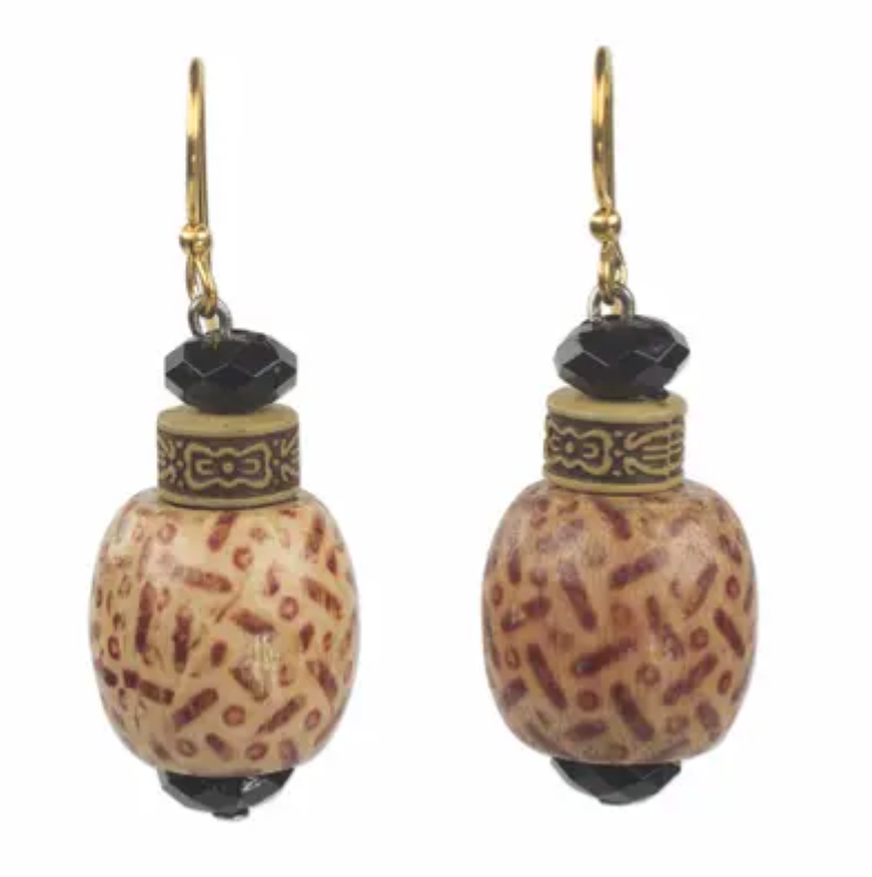 Wood and Recycled Plastic Rustic Dangle Earrings from Ghana, "Holy Love"