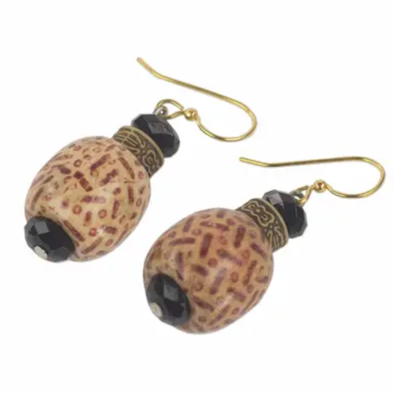 Wood and Recycled Plastic Rustic Dangle Earrings from Ghana, "Holy Love"