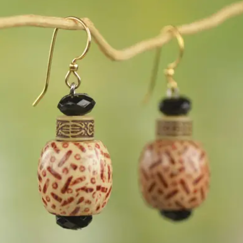 Wood and Recycled Plastic Rustic Dangle Earrings from Ghana, "Holy Love"