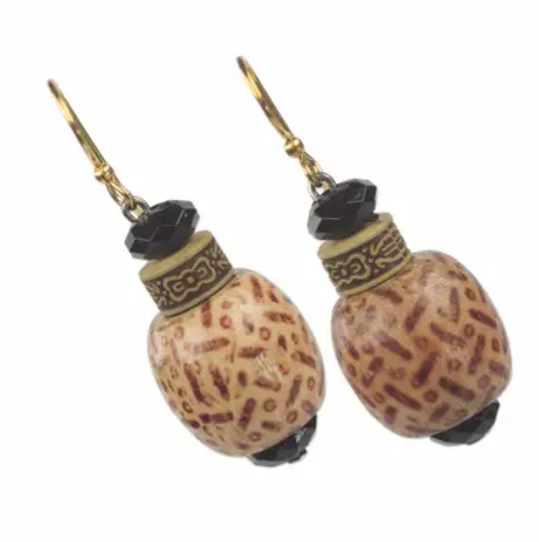Wood and Recycled Plastic Rustic Dangle Earrings from Ghana, "Holy Love"