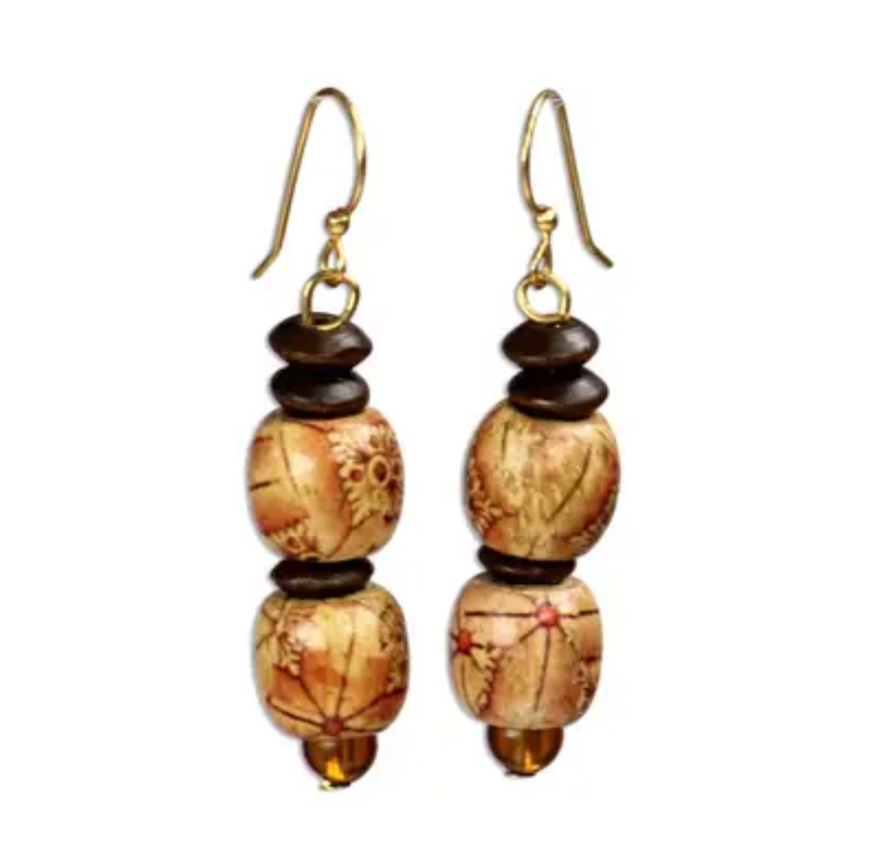 African Handmade Eco Friendly Wood Bead Earrings, "Peace"