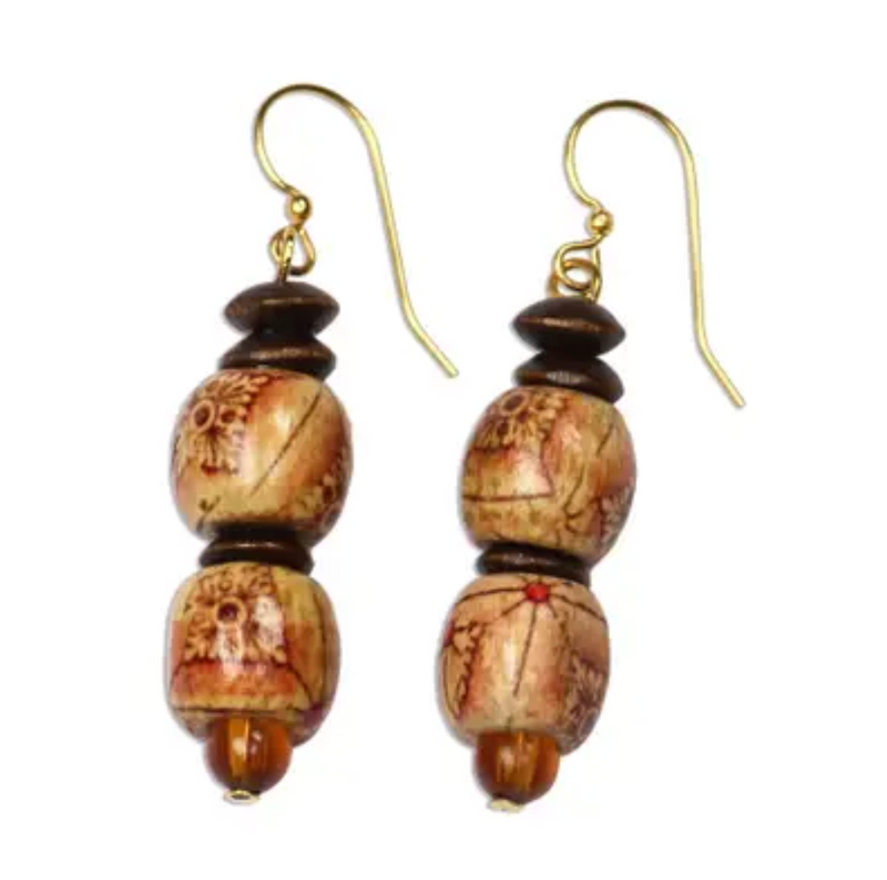 African Handmade Eco Friendly Wood Bead Earrings, "Peace"