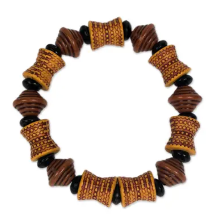 Recycled Plastic Beaded Stretch Bracelet in Brown from Ghana, "Brown Style"