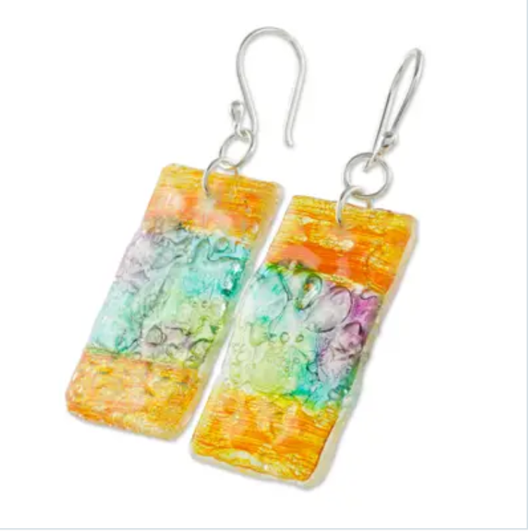 Colorful Recycled CD Dangle Earrings from Guatemala, "Celebrate Creativity"