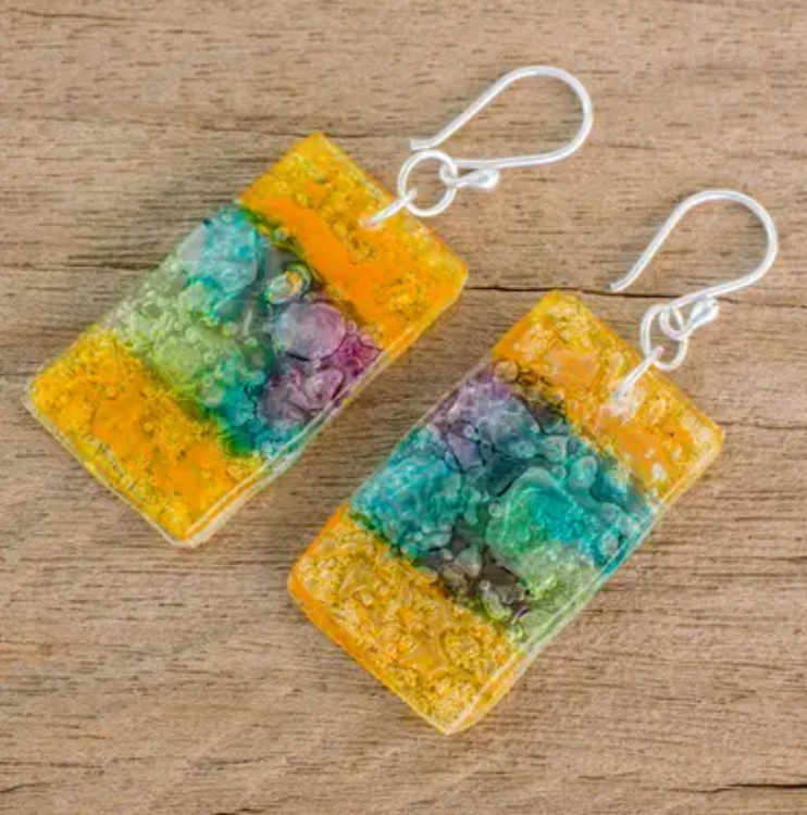 Colorful Recycled CD Dangle Earrings from Guatemala, "Celebrate Creativity"