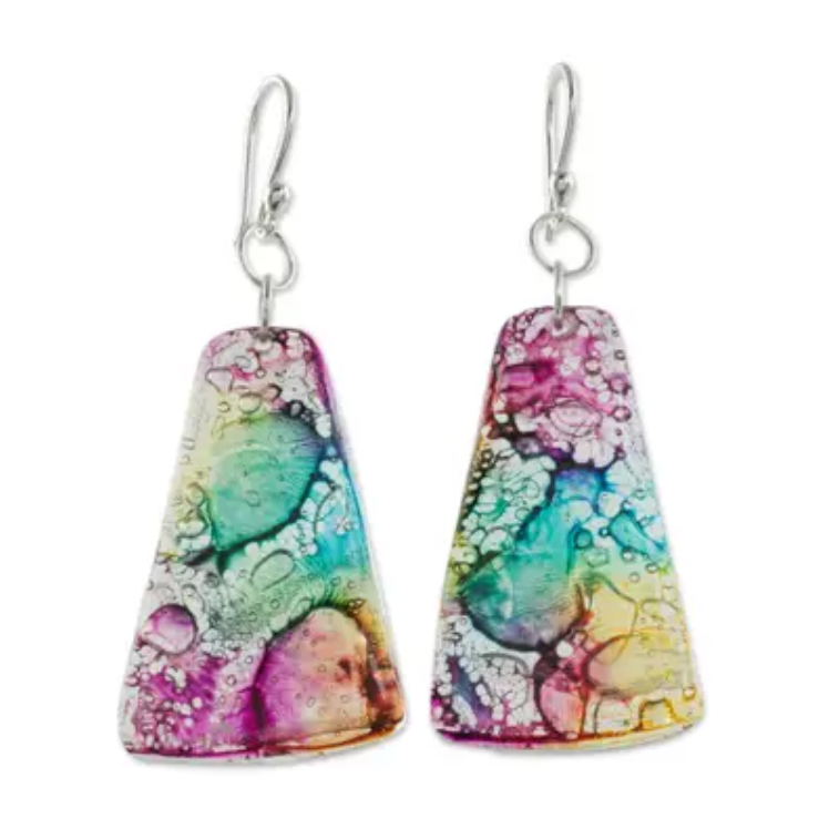 Yellow, Turquoise, and Purple Recycled CD Dangle Earrings, "Color Explosion"