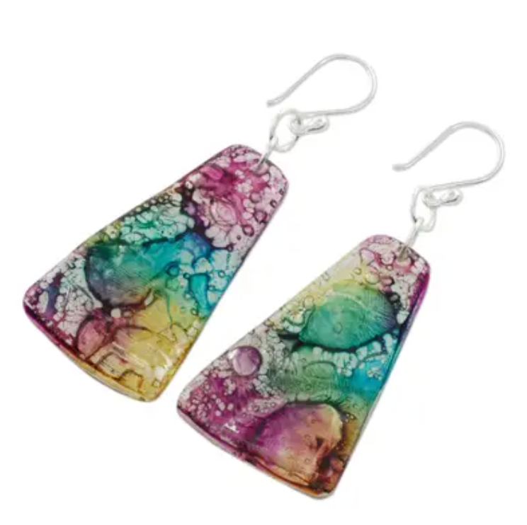 Yellow, Turquoise, and Purple Recycled CD Dangle Earrings, "Color Explosion"
